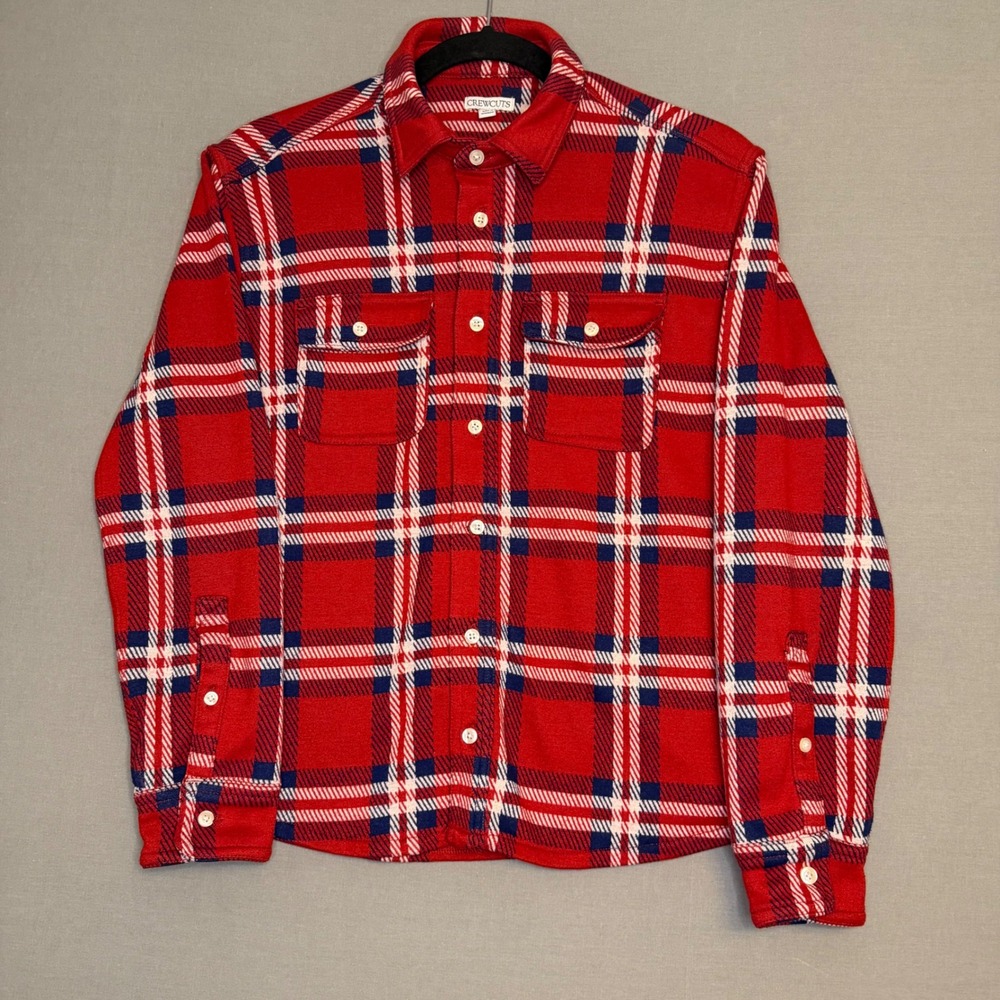 Crewcuts Kids Red Navy Plaid Knit Button Down Shirt Long Sleeve Size 14